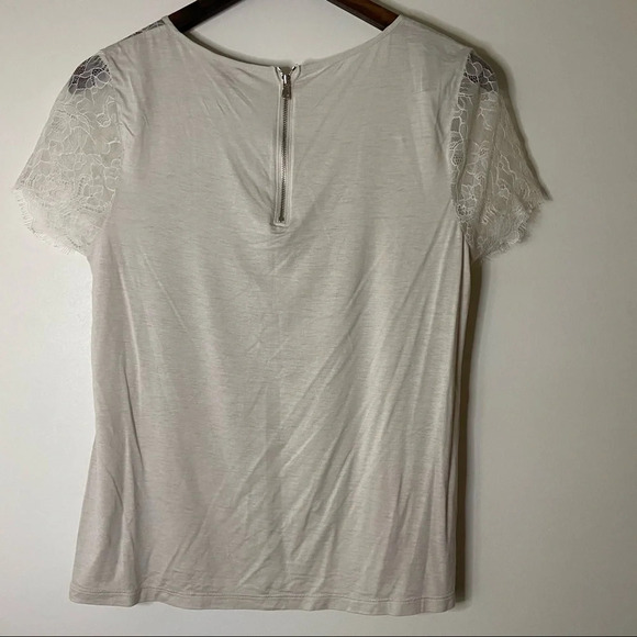 Cream Lace Short Sleeve Top Large Petite Zipper Back Classic Ann Taylor Workwear - Picture 6 of 11
